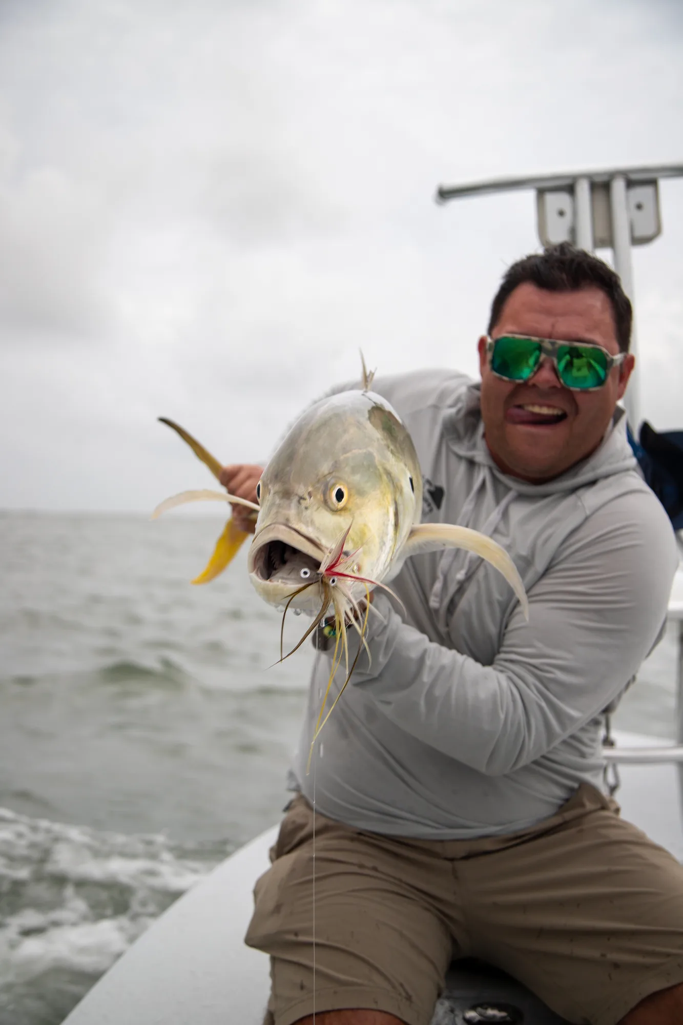 Close-up of a jack crevalle with the fly still in its jaw, Port O'Connor, Texas