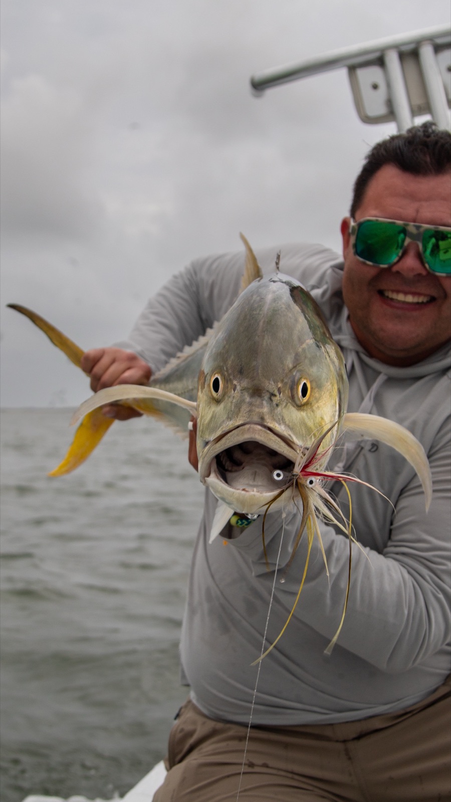 Close-up of a jack crevalle with the fly still in its jaw, Port O'Connor, Texas